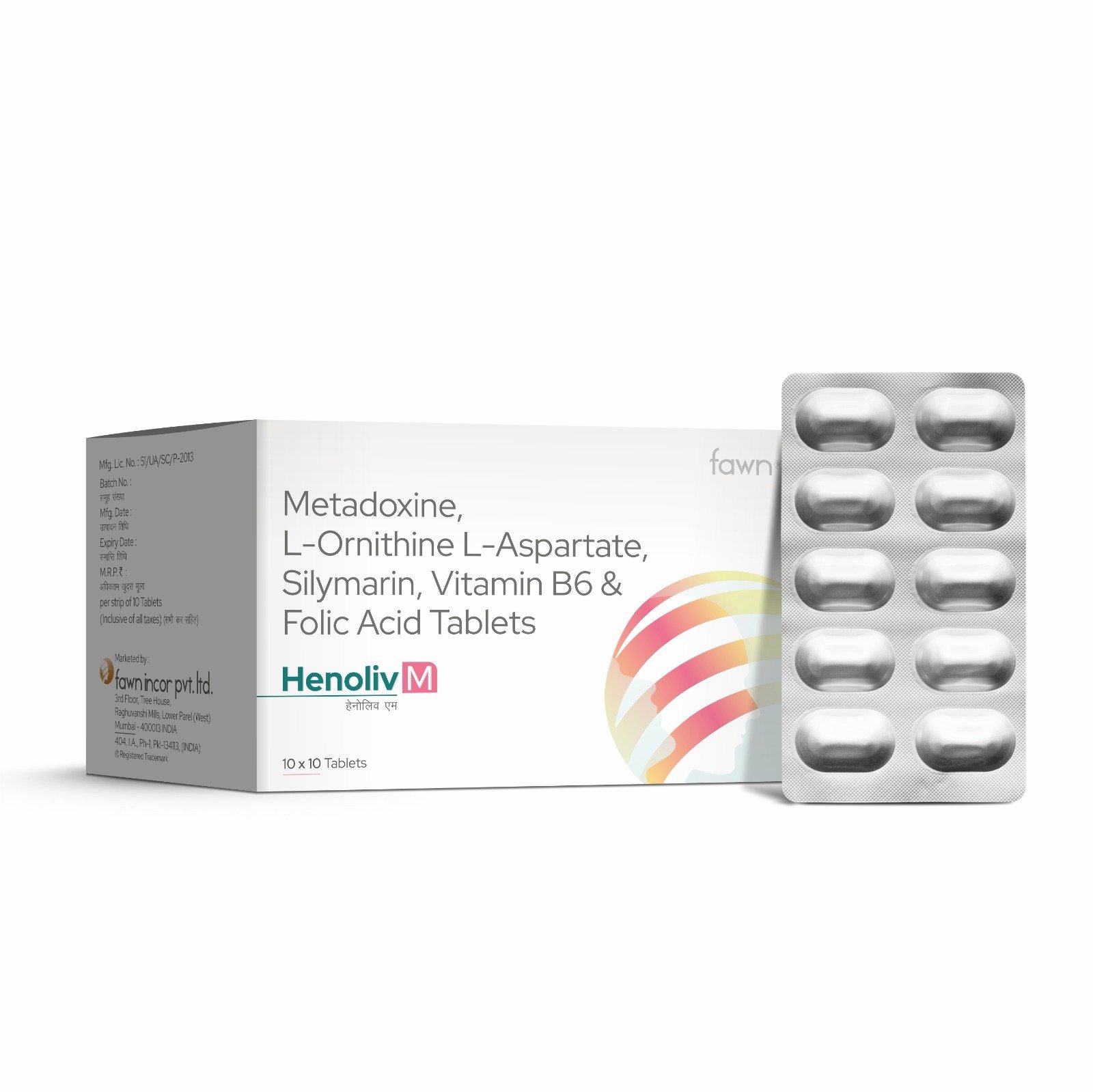 Metadoxine L-Ornithine L-Aspartate, Silymarin, Vitamin B6 & Folic Acid Tablets - HENOLIV M Tablets