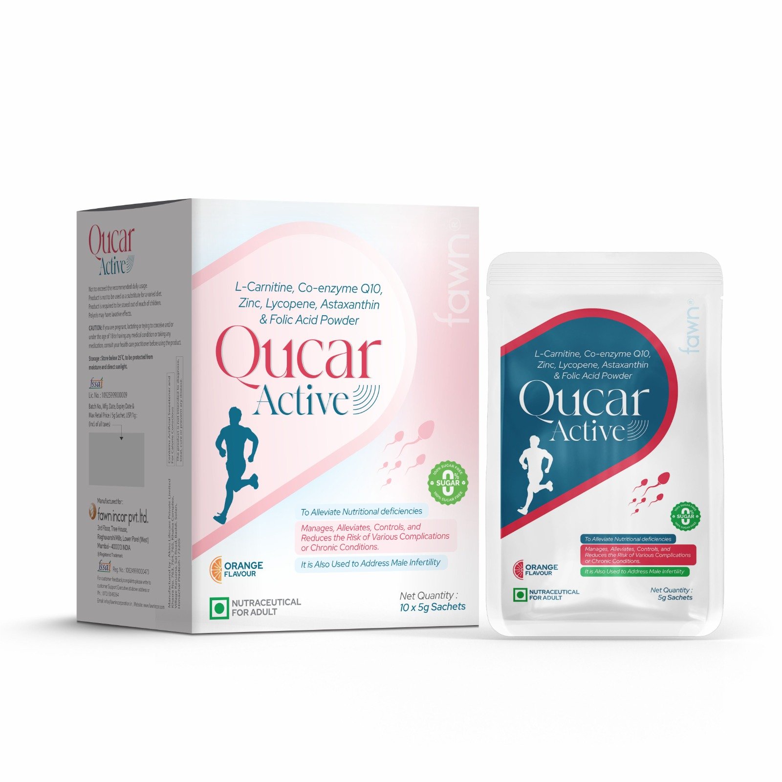 L-Carnitine, Coenzyme Q10, Zinc, Lycopene, Astaxanthin & Folic Acid Powder - QUCAR ACTIVE Sachet