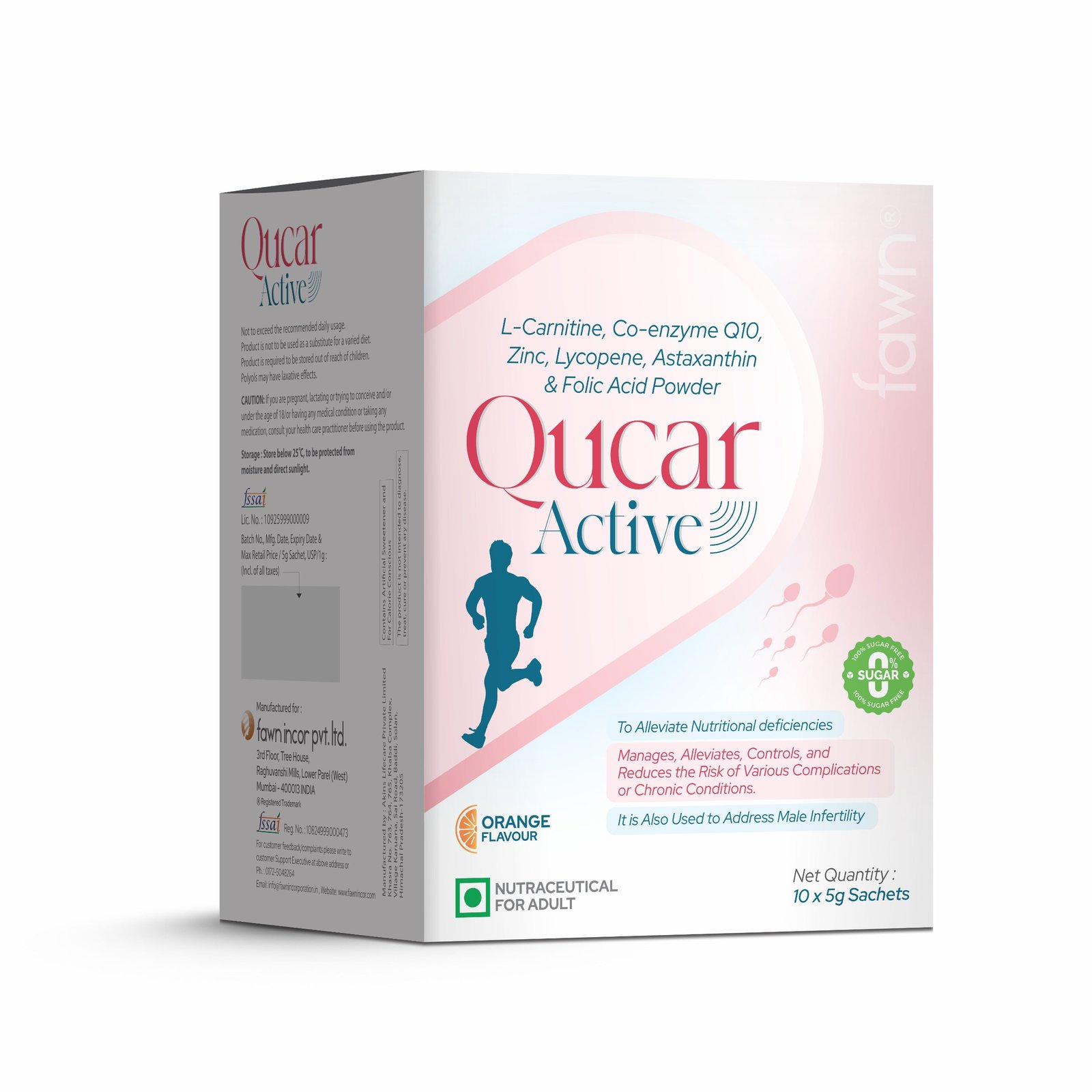 L-Carnitine, Coenzyme Q10, Zinc, Lycopene, Astaxanthin & Folic Acid Powder - QUCAR ACTIVE Sachet