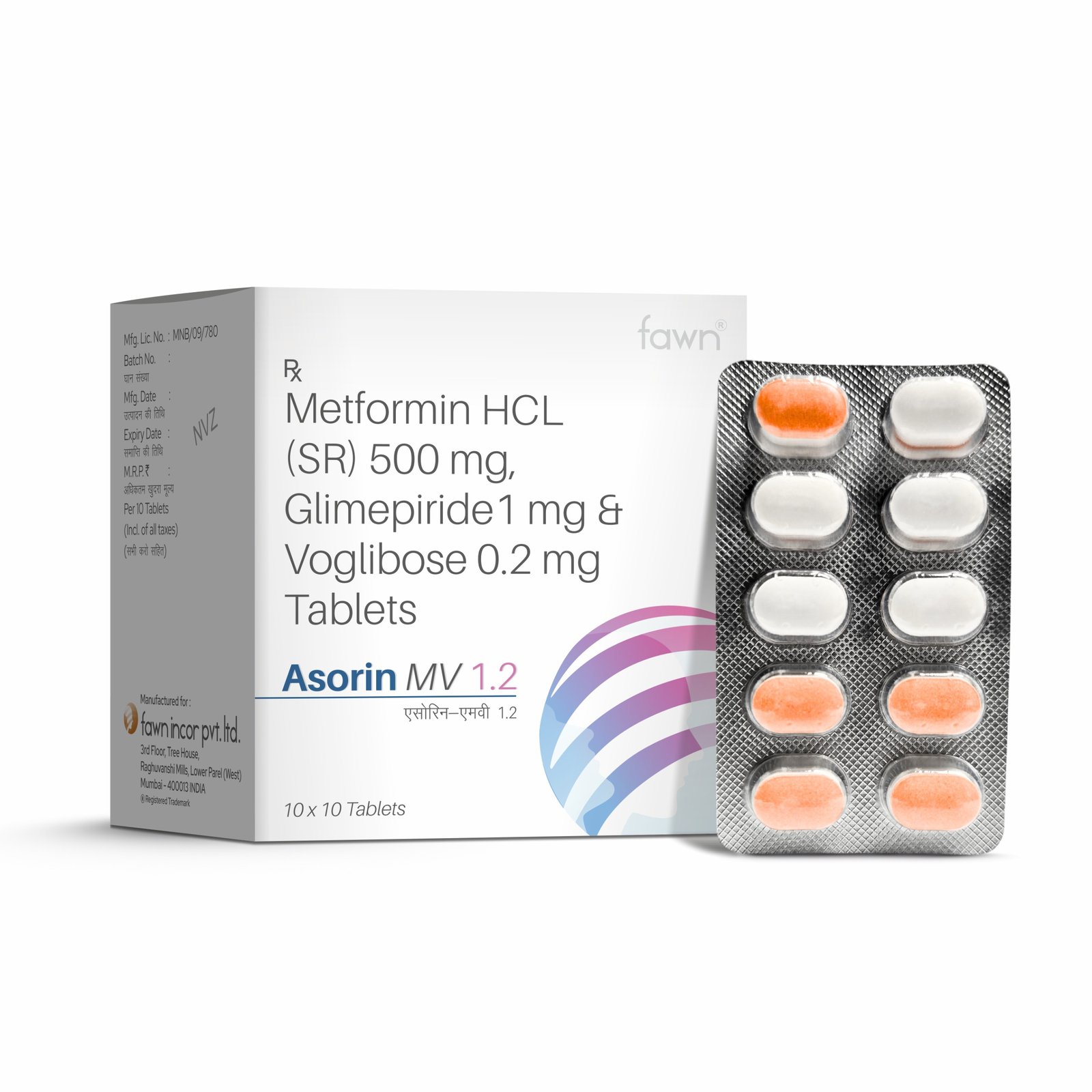 Glimepiride 1 mg + Metformin 500 mg + Voglibose 0.2 mg ER Tablets - ASORIN MV 1.2 Tablets - image 2