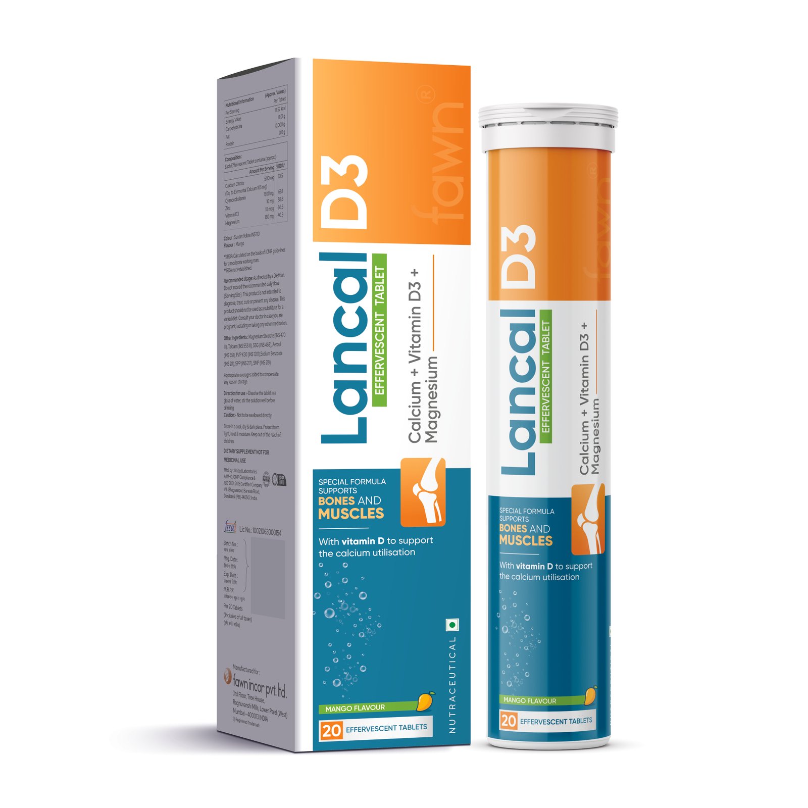 Calcium + Vitamin D3 + Magnesium Effervescent Tablets ( Mango Flavour ) - LANCAL D3 Effervescent Tablets - image 2