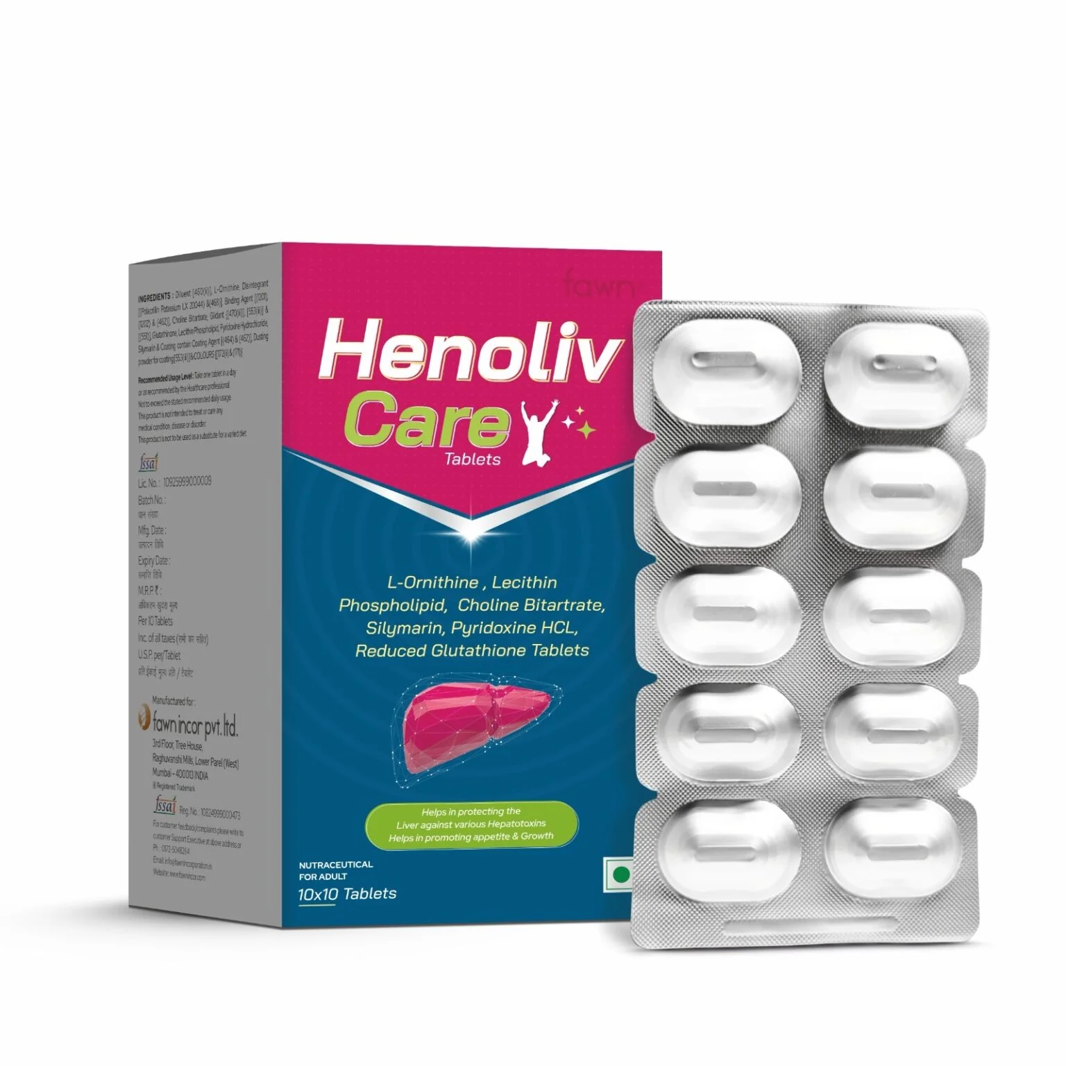 L-Ornithine Lecithin Phospholipid Choline Bitartrate Silymarin Pyridoxine HCl Reduced Glutathione Tablets - HENOLIV CARE