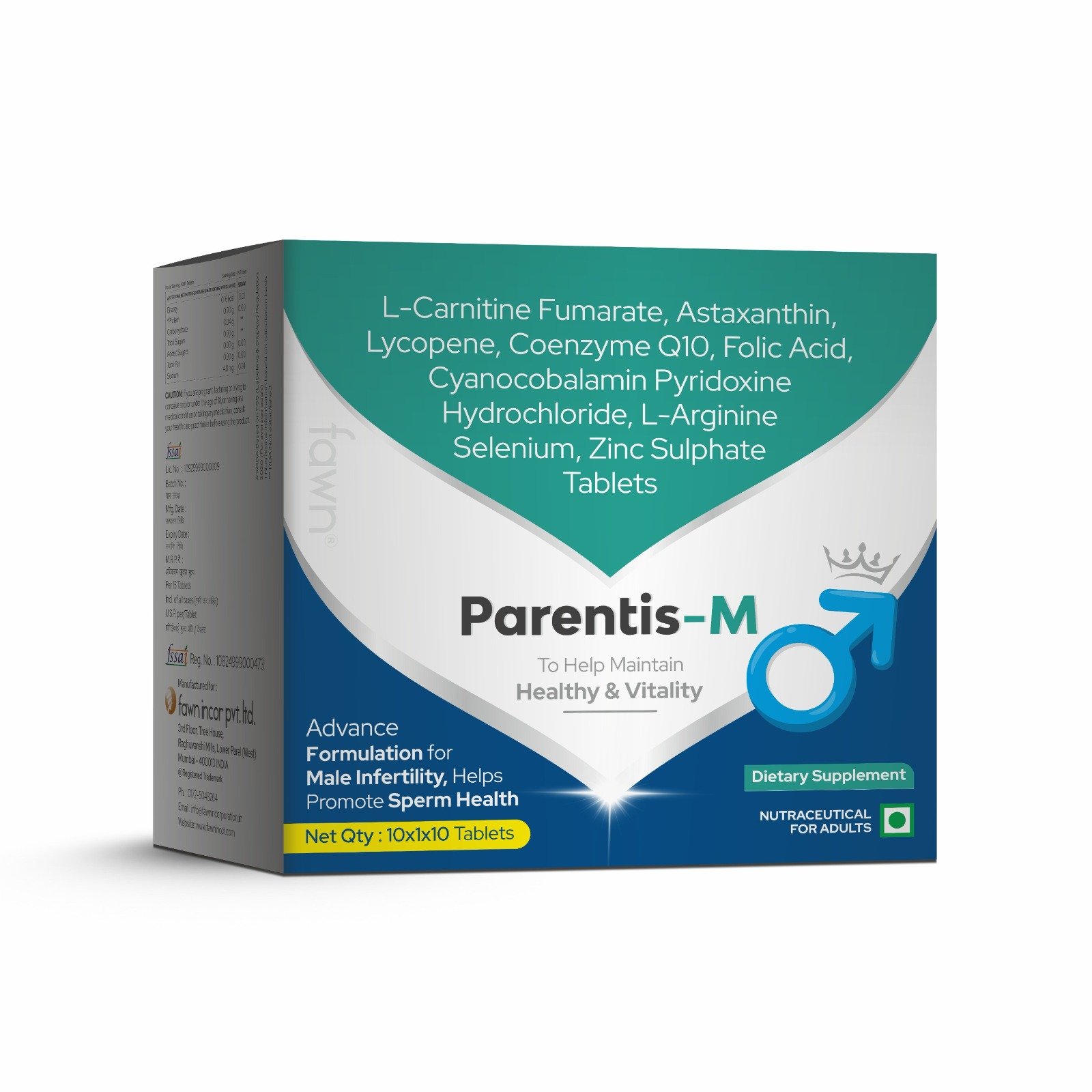 L-Carnitine Fumarate, Astaxanthin, Lycopene, Coenzyme Q10, Folic Acid, Cyanocobalamin, Pyridoxine Hydrochloride, L-Arginine, Selenium & Zinc Sulphate Tablets -PARENTIS-M Tablet